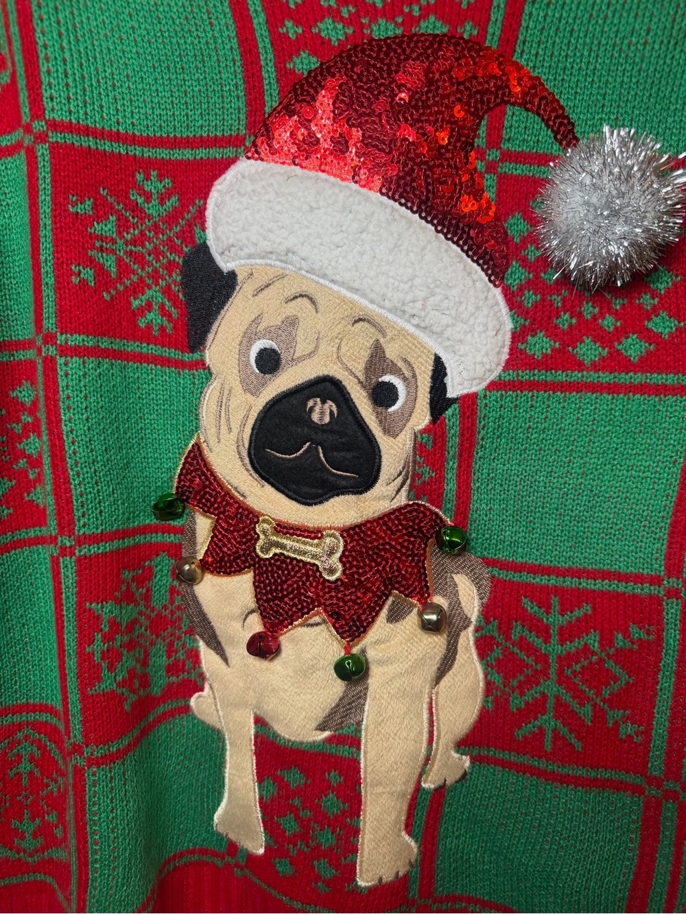 33 Degrees Christmas Pug Sweater L Ugly Holiday Sequin Santa Hat Jingle Bells - Picture 2 of 10